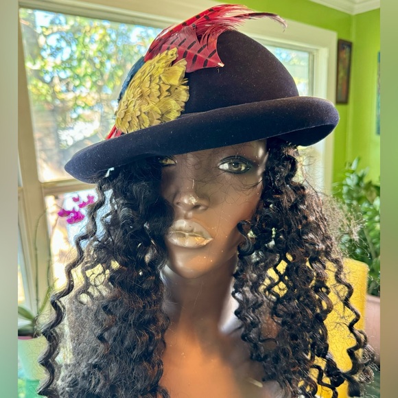 Vtg Ricki Original Black Fur Felt Merrimac Hat Colorful Feathers Half Bowler - Picture 1 of 10